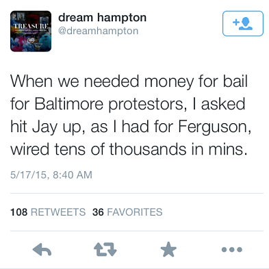 micdotcom:  Jay Z and Beyoncé have allegedly paid “tens of thousands” to bail out protesters There have been rumors for a while that the couple have been supporting activists in Ferguson and Baltimore behind the scenes. Over the weekend, dream hampton,