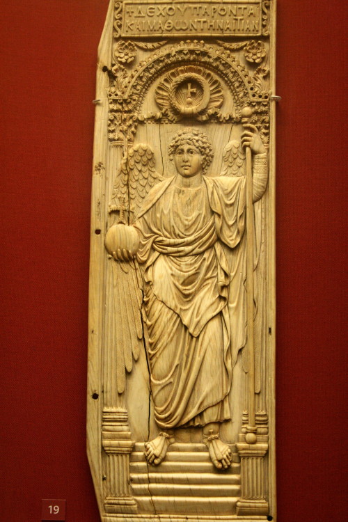 Ivory panel from a Byzantine diptych, depicting the Archangel Michael holding an orb.  It is thought