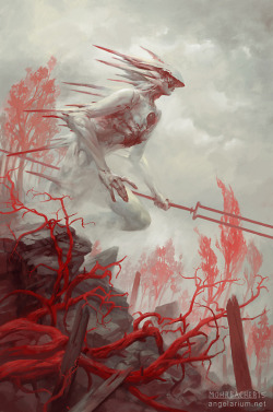 bugmeyer:  Gadreel, Angel of Warwww.angelarium.netUpon the hill we saw a figure wreathed in red.With smoke around it risingit sang to the newly dead.“Do not give what cannot be taken”It’s mouth did not move.“There is no country for us,and no fruit