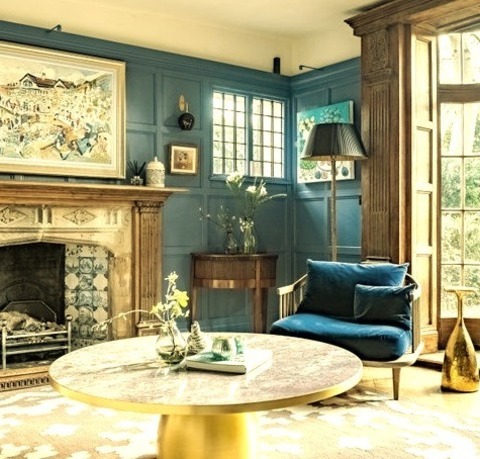 Library - Living RoomExample Of A Large, Contemporary Living Room Library With Blue Walls, A Stone Fireplace,