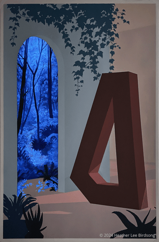 painting with a bit that glows in the dark, fading between normal light and dark light to show the glowy bits