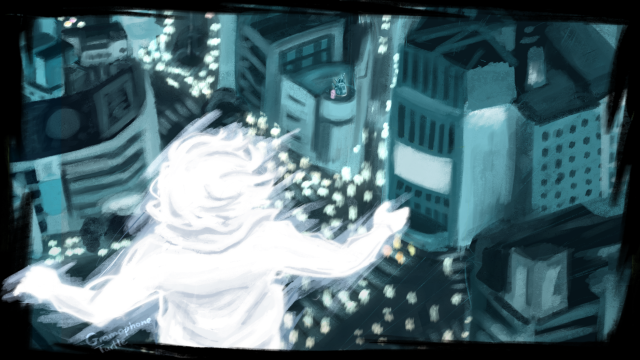 Desktop resolution of Joshua in his Composer form floating above the Scramble Crossing, looking out to 104 with the peoples Souls glowing. Sho Minamimoto stands on top of a building watching him back.