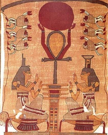 The sun disk of the god Ra is raised into the sky by an ankh-sign (signifying life) and a djed-pilla