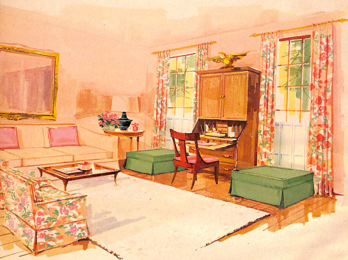 vintagediggs: 1957. Woman’s Day from an article titled How to use color in your home.  Co