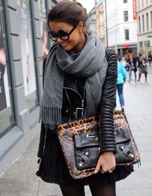 justthedesign:  Love The Scarf Leather Jacket Leopard/Leather Purse Combo Via It’s