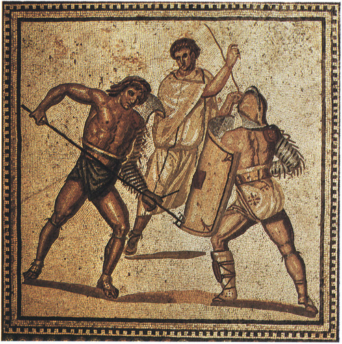 theancientwayoflife:~ Fight of gladiators; Floor mosaic from one of the villas. Date: ca. A.D. 250 P