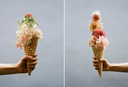 cutesign:  A gorgeous Spring photography series shot by Parker Fitzgerald and styled by Amy Merrick for Volume 7 of Kinfolk magazine. The combination of beautiful floral bouquets arranged in delicious waffle cones filled with ice cream truly captures