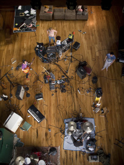 oneweekoneband:  (Photos courtesy of Amelia Bauer) Here is a behind the scenes glimpse at the Veckatimest recording process at Allaire Studios in Upstate New York. Below is a brief video documentary about their final leg of recording in a church: 
