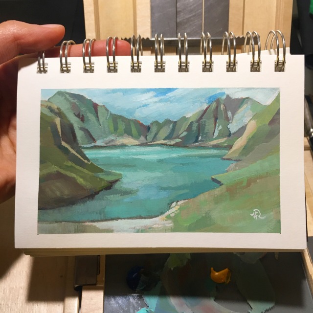 a painting of the crater at mount pinatubo.