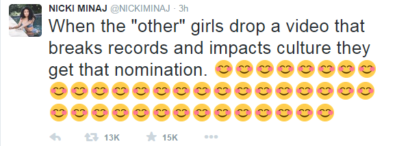 trebled-negrita-princess:  rabbitglitter:  Nicki Minaj tweets about racism/ sizeism