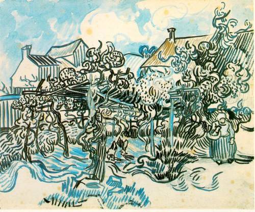 artist-vangogh: Old Vineyard with Peasant Woman, 1890, Vincent van GoghMedium: watercolor,paper