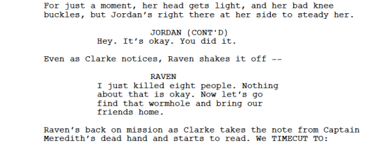 Hope you enjoyed yesterday’s episode, written by Sean Crouch and directed by Diana Valentine. First, we have the tense standoff between Clarke and the disciples, and Raven saving the day.