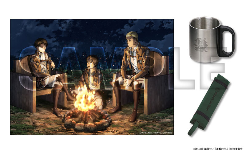 fuku-shuu:  New camp-themed poster featuring Levi, Eren, and Erwin and merchandise