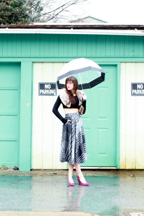 A line and Tiffany’s Umbrella by no name Vintage fur collar Sweater by Donna Karen  Plaid skir