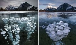  【画像16枚】カナダ・バンフ国立公園の凍結した湖でアイスバブルが発生
