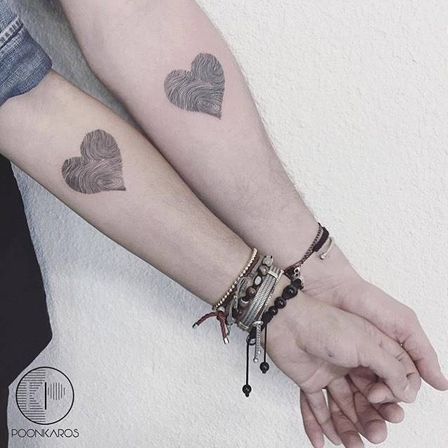 Little Tattoos — Matching heart fingerprints on the forearm. Tattoo...