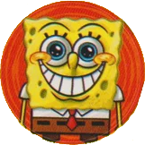 red sticker of spongebob smiling with gleaming, smiling eyes.