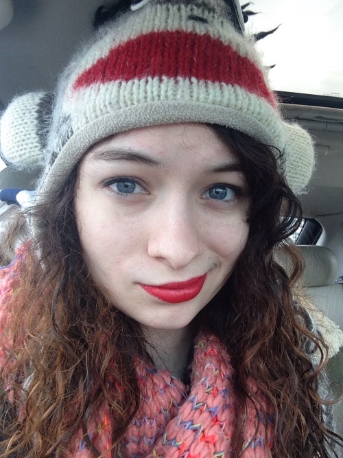 jelliclecas:Red lips, pale face, I’ve got a sock monkey hat and a tired face.