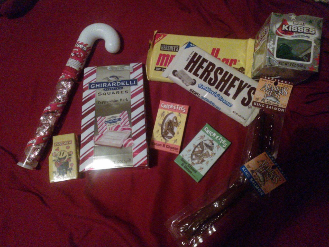 Everything I got for Nick&rsquo;s stocking. Pacman candy, bacon and cheese crickets,