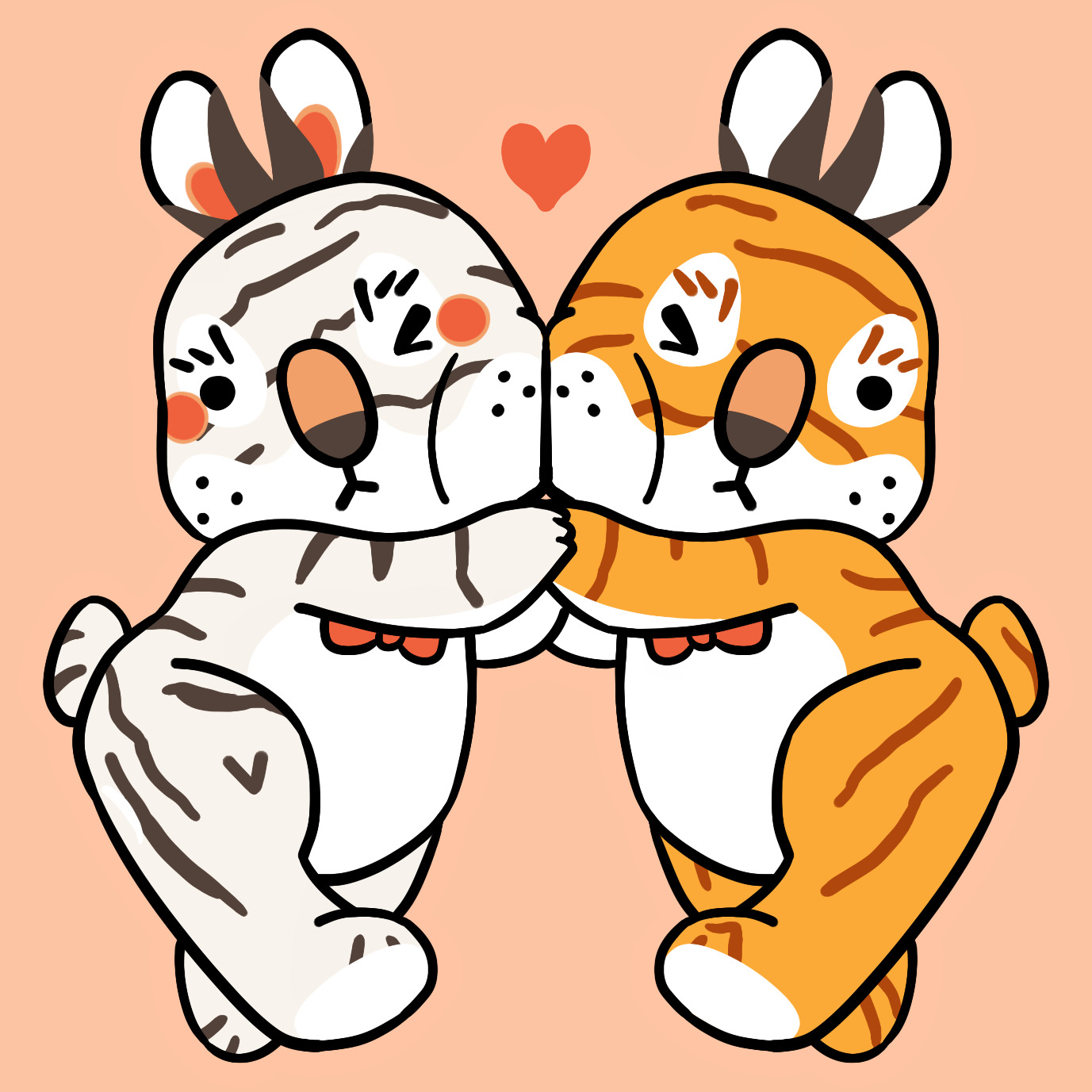 Litchi and Pomelo, this time drawn with chibi proportions, holding hands and squishing their cheecks together, a heart between them.