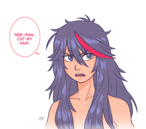 herokick:  Long-haired Ryuko didn’t last. She felt like it was too much trouble. ^^;;; So she asked Satsuki to cut it short again. (But Sats only agreed after she added a “please” to her request. XD) ( ≖__ゝ≖)っ✂ (ಠwಠ ╰) ╰╰╰╰╰ 