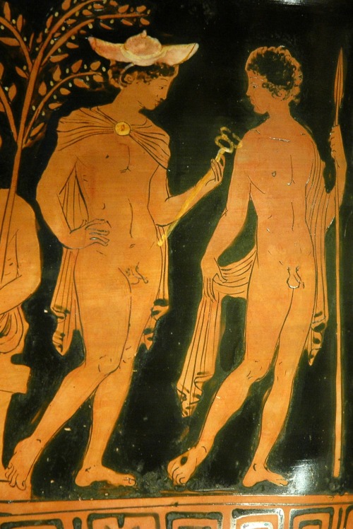 Hermes and a young warrior.  Side A of an Apulian red-figure bell-krater, attributed to the Bendis P