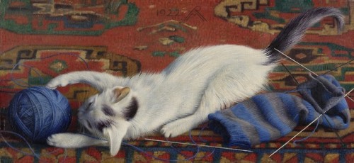 oldpaintings:Cat with a Ball of Wool, 1922 by Richard Müller (German, 1874–1954)