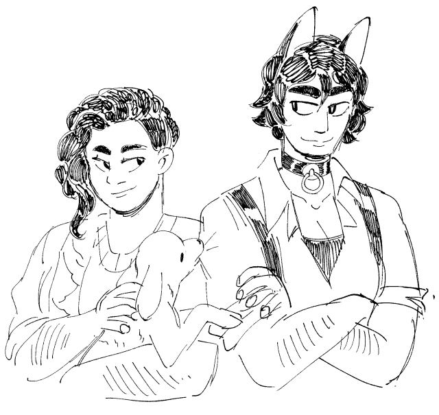 A black and white drawing of Wayne and Shep from the comic Shepherd's Sword. Shep is a shorter dark haired woman on the left, holding a small lamb in her arms, which is is chewing on Wayne's sleeve. Wayne is a taller woman on the right with short dark hair and a pair of wolf ears sticking out of her head. The two women are glancing at each other and smiling.