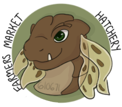 Digital art, the head of a dusthide dragon smiling sweetly. Green circular background with the text Farmers Market Hatchery surrounding. Link is to post in Dragons For Sale.