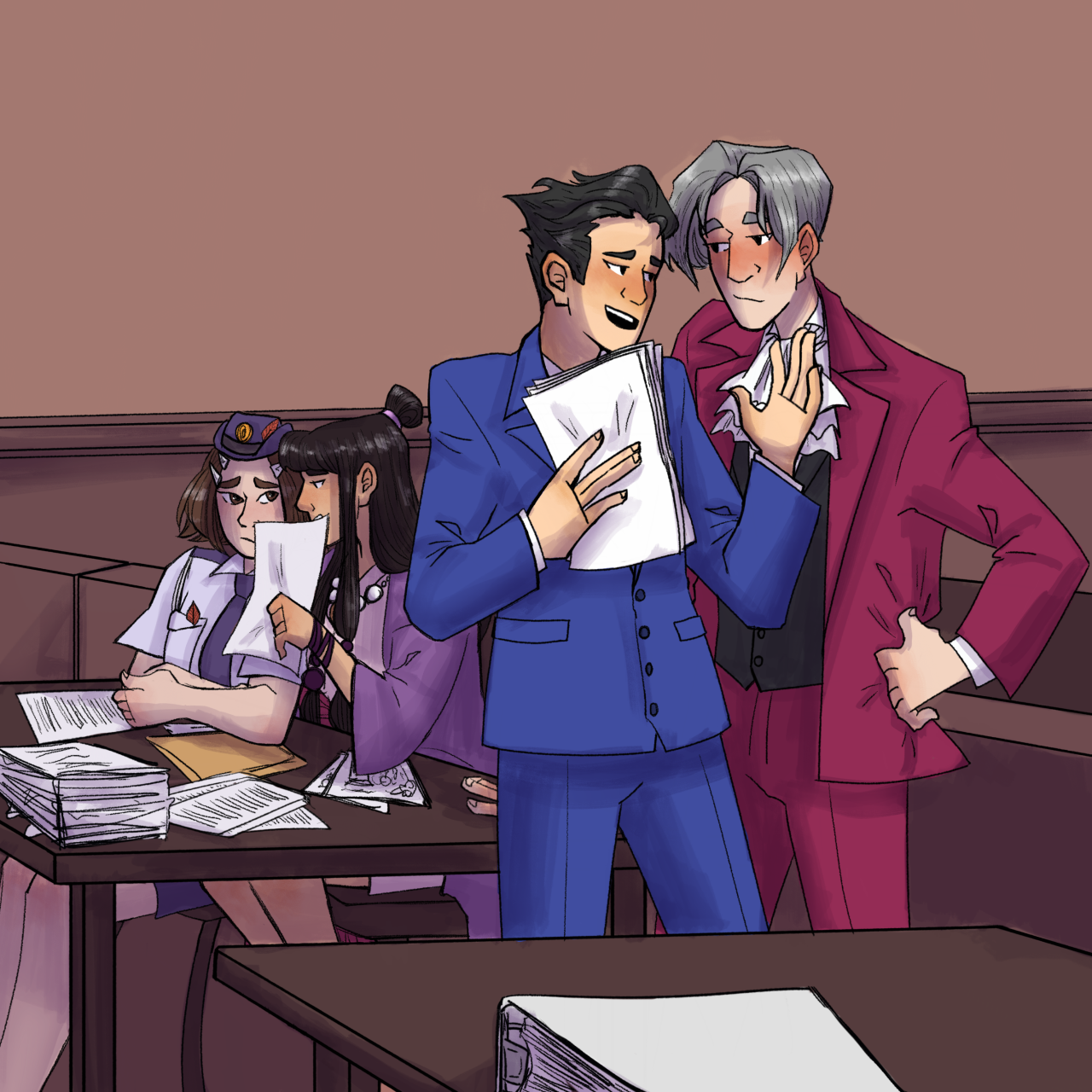 tali-zorahs:
“phoenix showing edgeworth some documents before introducing them into evidence
i’m just pretending the ace attorney legal system functions like the irl american system because that’s what i know
”