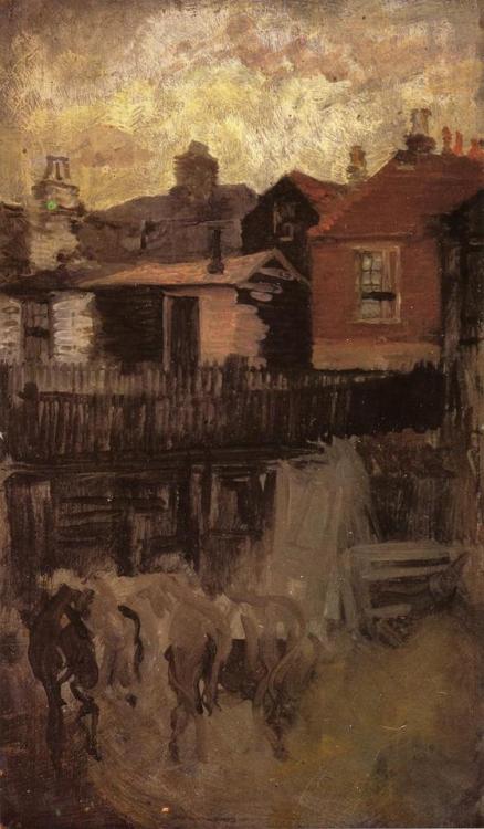 artist-whistler:  The Little Red House, James McNeill WhistlerMedium: oil,canvashttps://www.wikiart.org/en/james-mcneill-whistler/the-little-red-house-1884