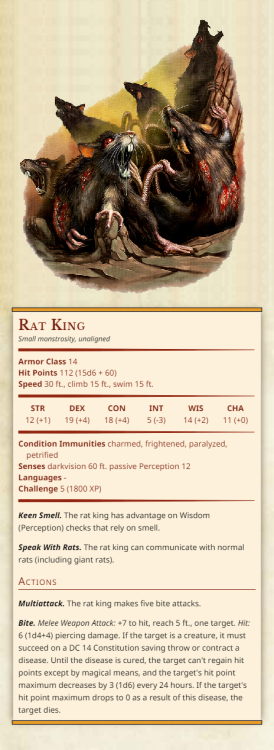 Rat KingSmall monstrosity, unalignedArmor Class 14Hit Points 112 (15d6 + 60)Speed 30 ft., climb 15 f