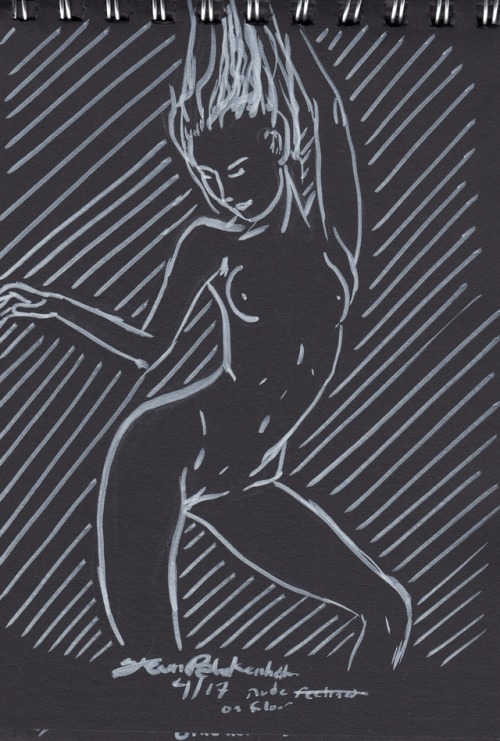 deviantdeafartist:figure drawing of nude on floor in white ink on black paper; based on a photo from