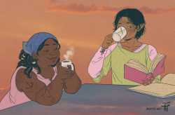 kosmonauttihai: I wanted to colour the two thank you doodles I’d drawn for my ko-fi page (characters drinking coffee, because of course), and it turned into girlfriends having a morning together. Isabela has been up for a while already and is looking