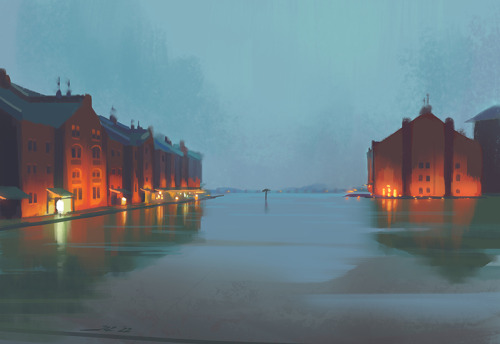 Alone. Red Brick Warehouses, Yokohama, Japan.Quick speed paint for my drab mood this past week.