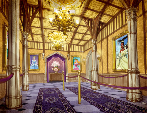 alwaysdisneybound:doormousewhispers:Concept Art for Princess Fairytale Hall. Photos from oldest to n