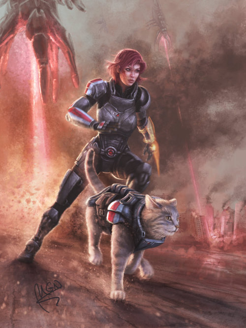 pixalry:  Mass Effect: Shepard and Wrex (the Cat)  Created by Martin Nancekievill 