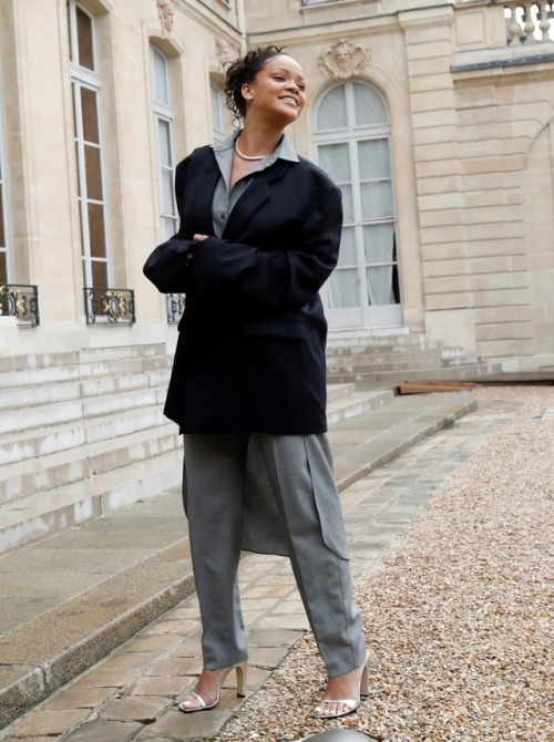 Rihanna at Elysee Palace for a meeting with French President Emmanuel Macron in Paris, France (July 