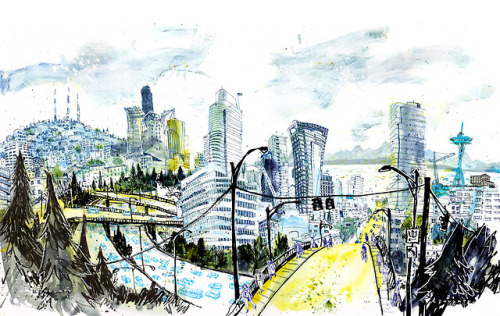 SEATTLE SKYLINE / watercolor, ink, paint marker, acrylic.An illustration for a large-scale mural pro