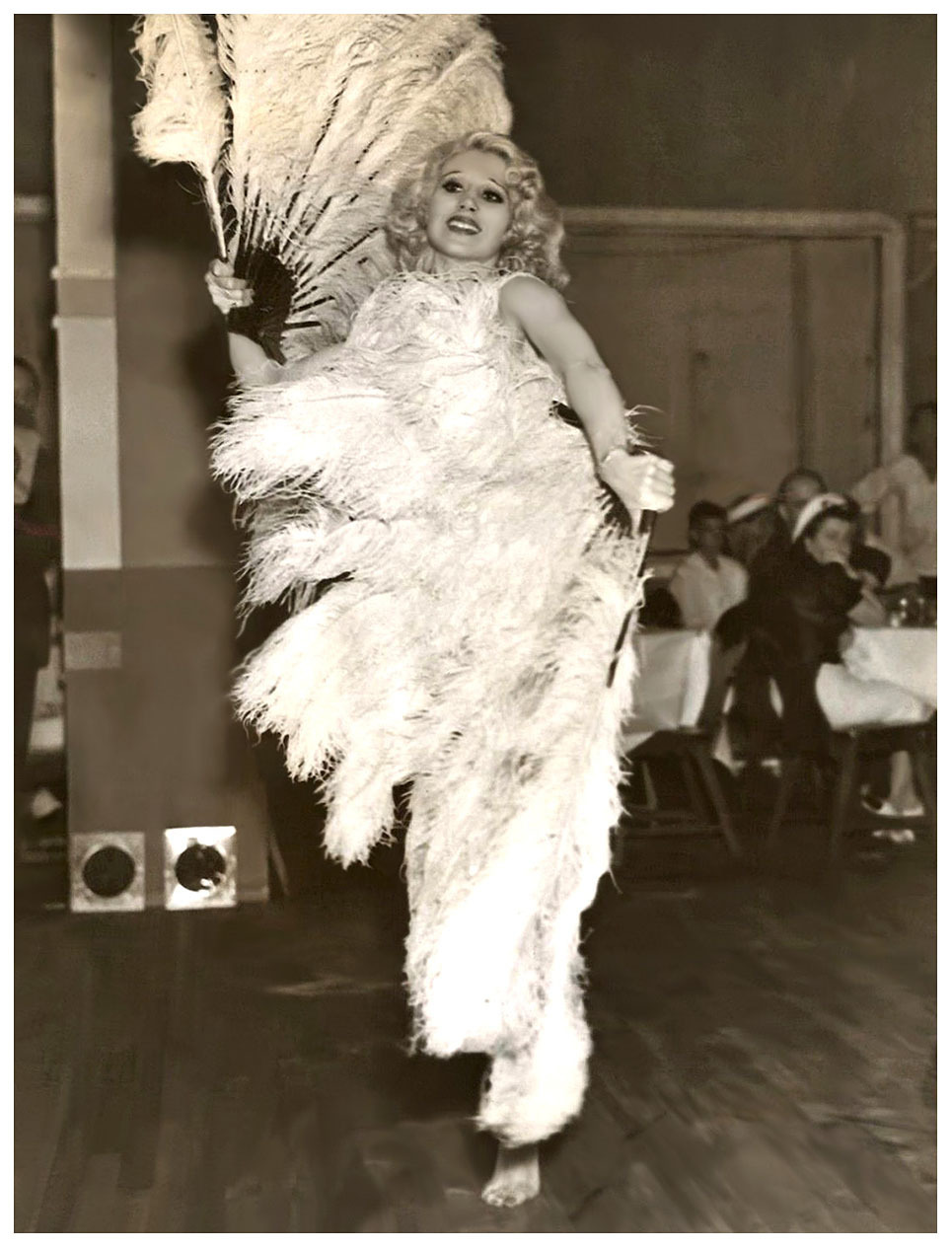 Vintage press photo dated from October of ‘38 features showgirl Faith Bacon performing