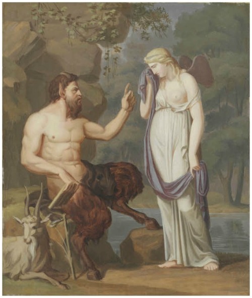 hildegardavon:  Johann Erdmann Hummel,1769-1852Pan and Psyche, 1790/1800, canvas on plywood, 40,5x34,6 cmMuseumslandschaft Hessen Kassel     Inv. 1875/1383The design comes from Apuleius’ novel “Cupid and Psyche”. The shepherd god Pan comforting