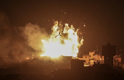 muhammadsmiry: Gaza tonight. Let the world witness the moment israeli warplanes bombed a PRESS build