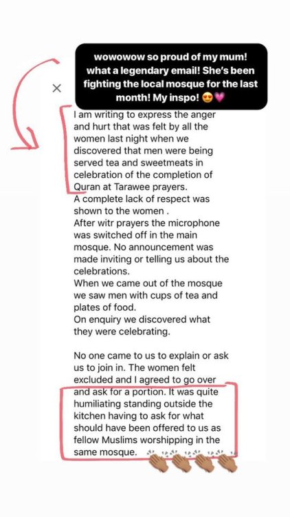 “I am SO proud of my mum for sending this! Shes been persistently taking on the local mosque in the 