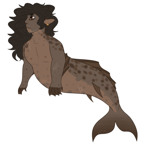[image ID: a digital drawing of a merfolk character. they have greyish-brown skin with a spotty tan 