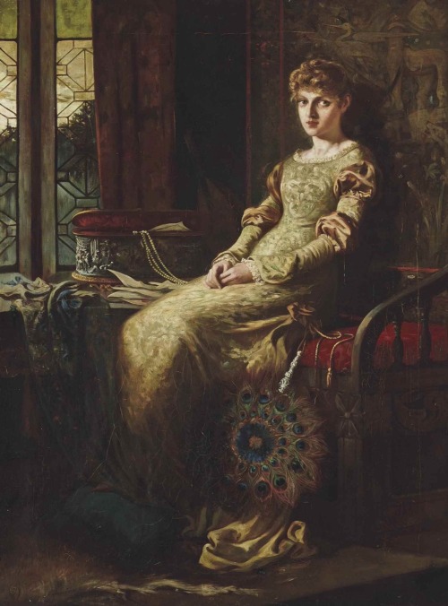 The fan.Oil on Canvas.92 x 68.6 cm.Circle of Sir Francis Bernard Dicksee.(1852-1928).