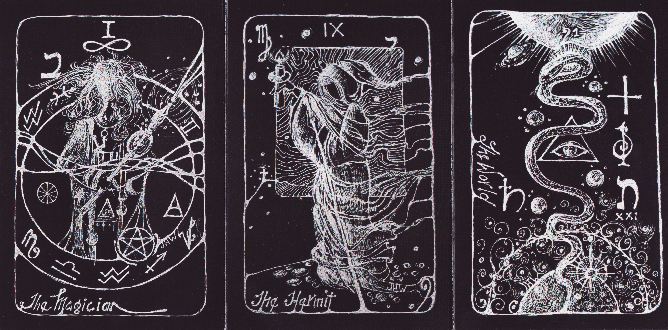  The Magician, The Hermit, and The World cards from Revelation Tarot designed by