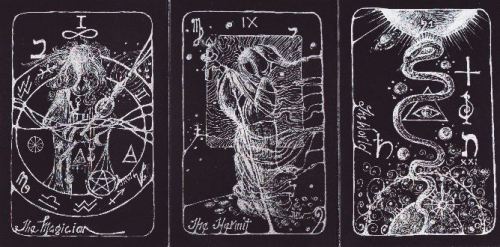  The Magician, The Hermit, and The World cards from Revelation Tarot designed by Jahne-Hope Williams 