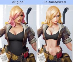 queenwhiskey: weepycat:  weepycat:  imagine being such a limp-dicked weakling that you remove a female character’s belly fat, tattoo, dyed hair, skin tone, and half of her lips. and then you add a cross necklace for some goddamn reason.  female design: