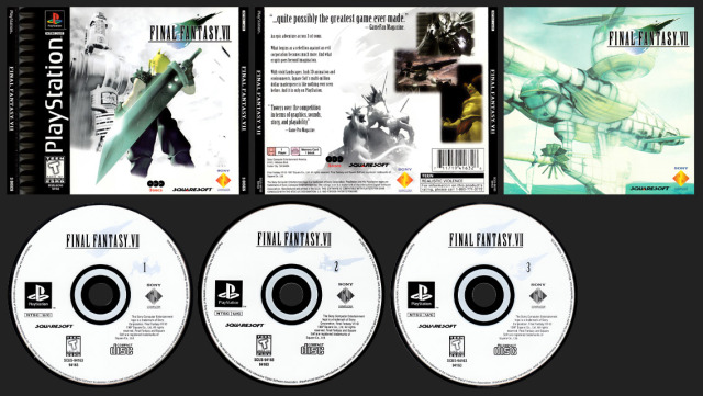 Box contents of the original Final Fantasy 7, including 3 CD-ROMs