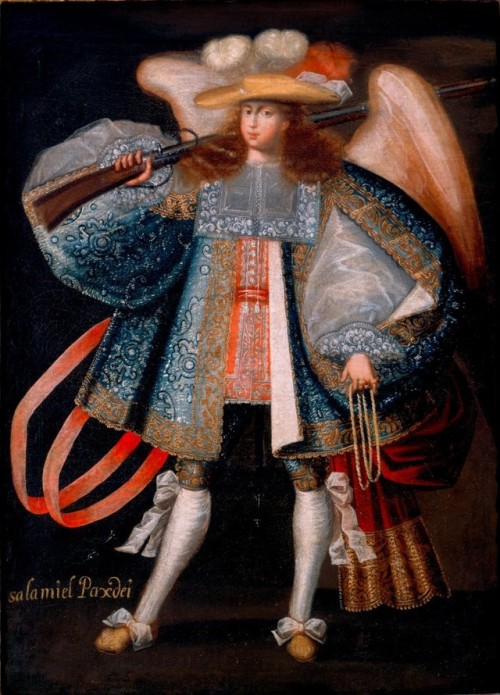 history-of-fashion: late 17th century Circle of the Master of Calamarca, Lake Titicaca School - Archangel with Arquebus, Salamiel Paxdei (Peace of God) (New Orleans Museum of Art) 